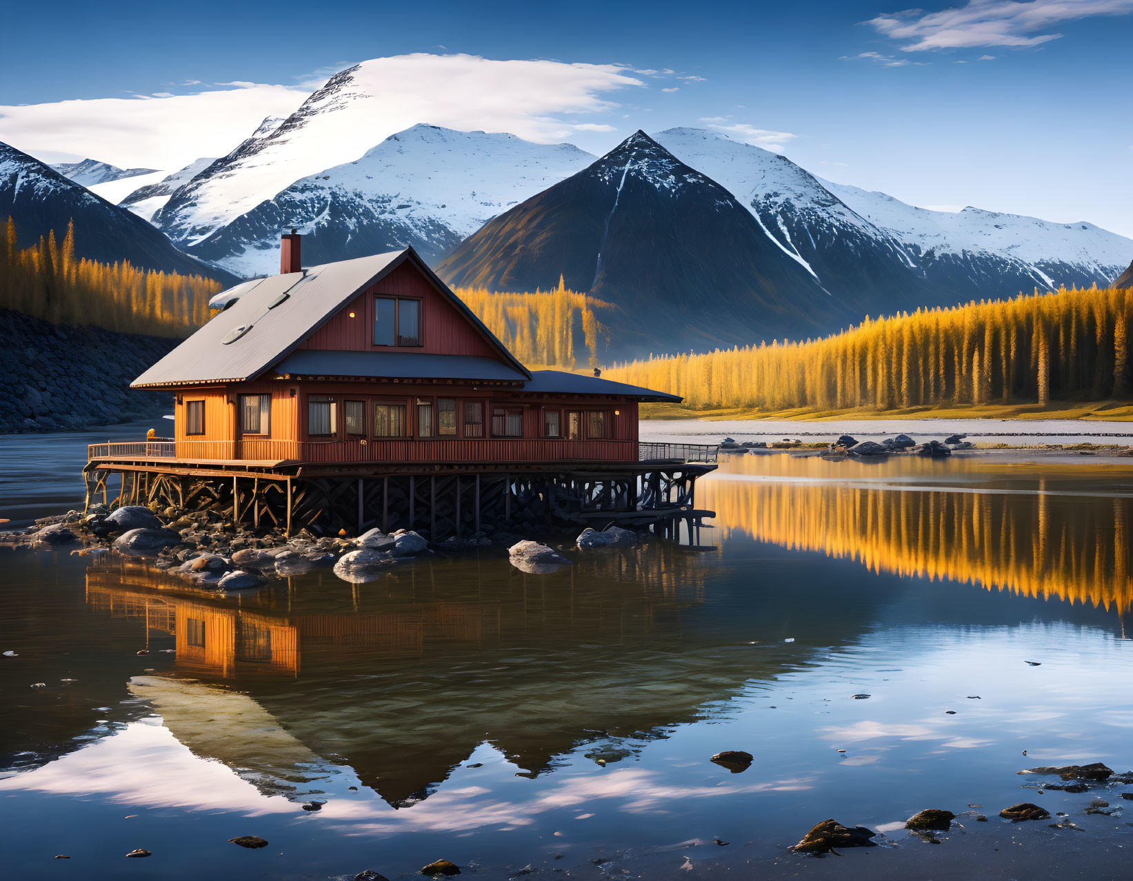 Tranquil lakeside red cabin with mountain backdrop