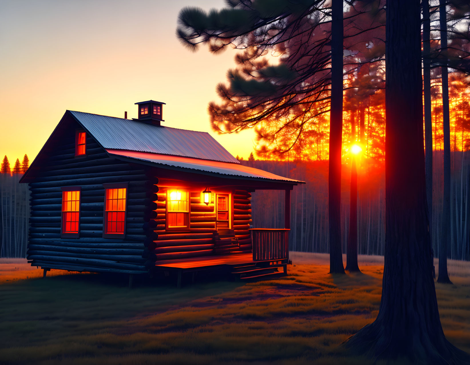 Rustic log cabin in pine forest at sunset