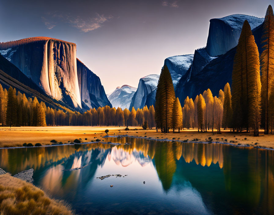 Tranquil autumn landscape with reflective lake, mountains, and sunset sky