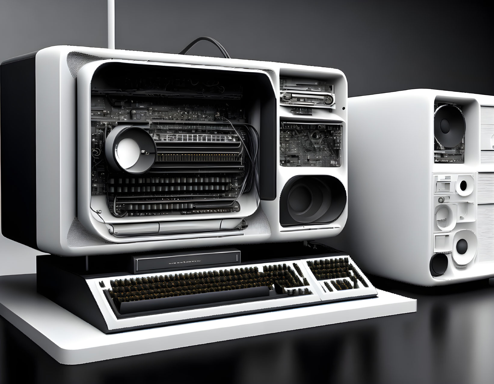 White Retro-Style Music System with Visible Internal Components