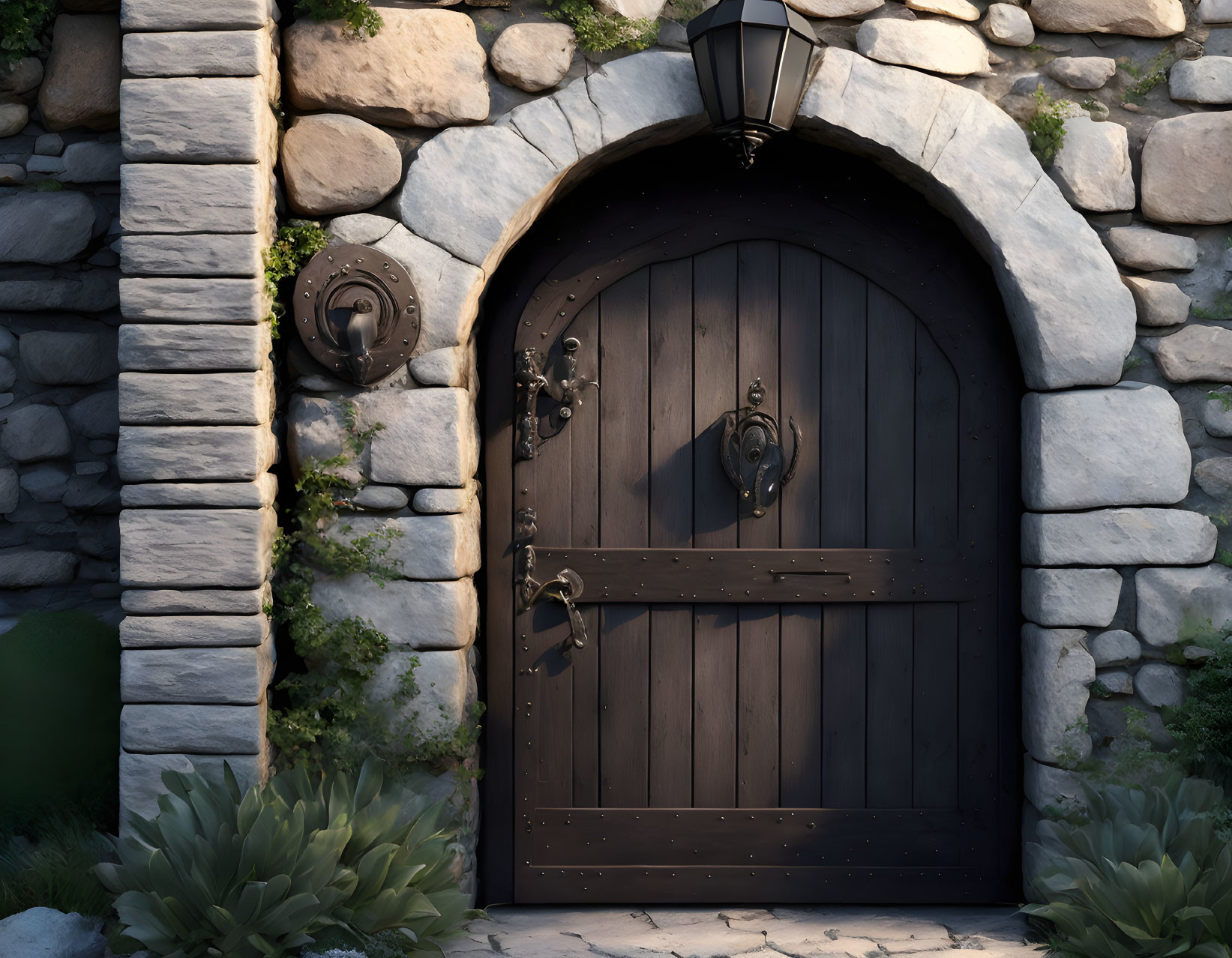 Weathered wooden arched door with metal hinges and handles in stone wall, surrounded by green plants and