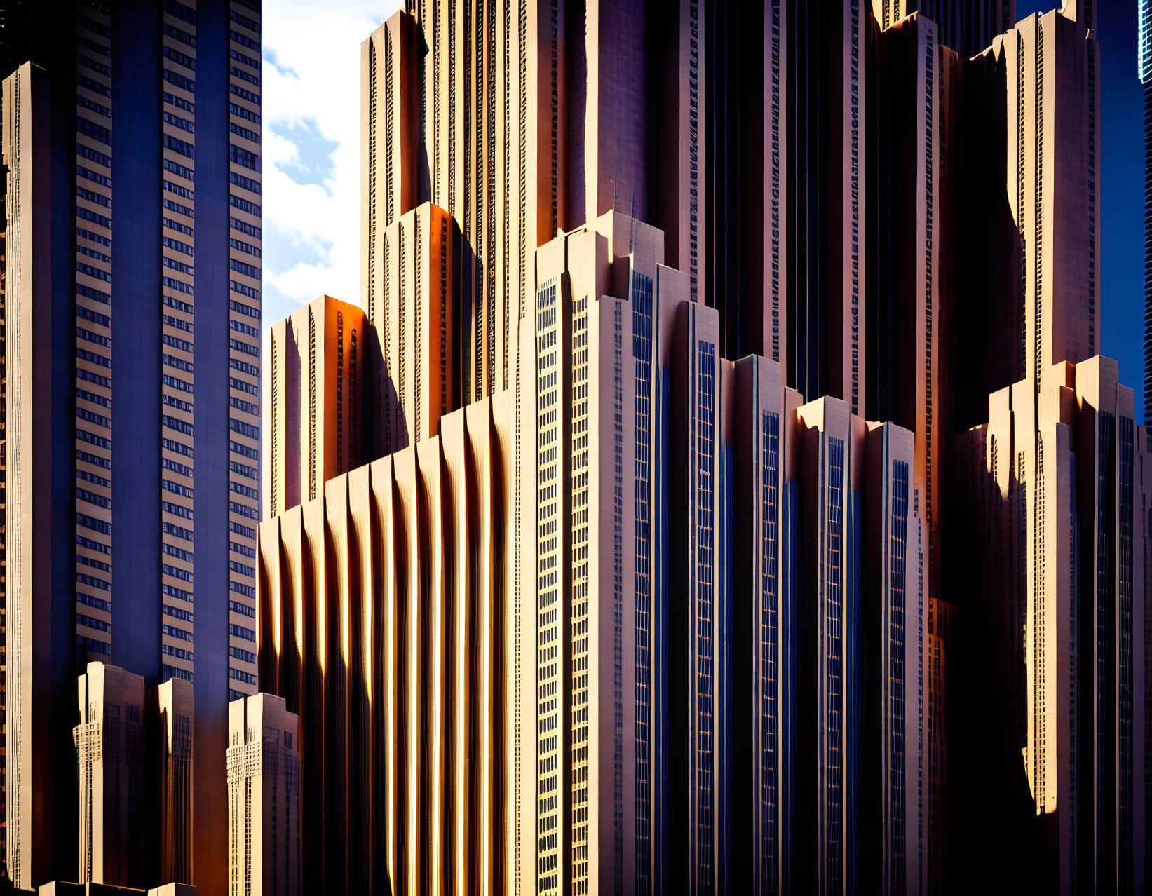 Distorted urban skyline in golden light against deep blue sky