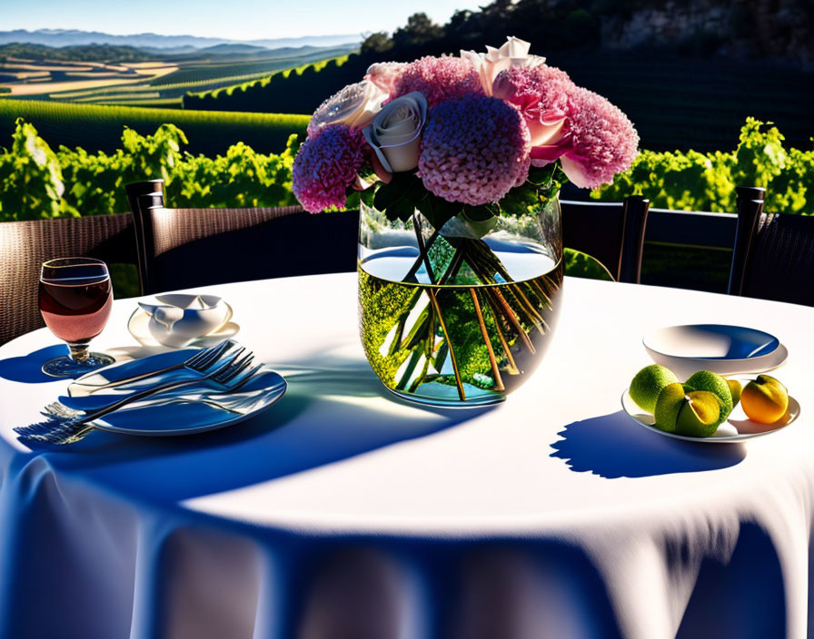 Outdoor terrace dining setup with pink flowers, wine glass, cutlery, and plates overlooking vineyard