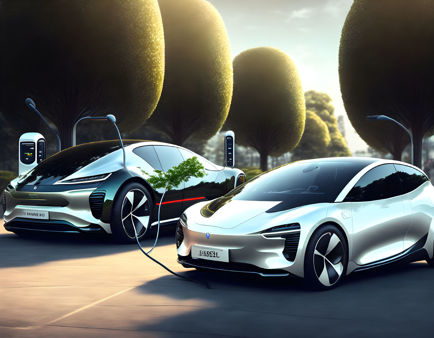 Futuristic electric cars charging at docking stations with stylized trees in modern setting