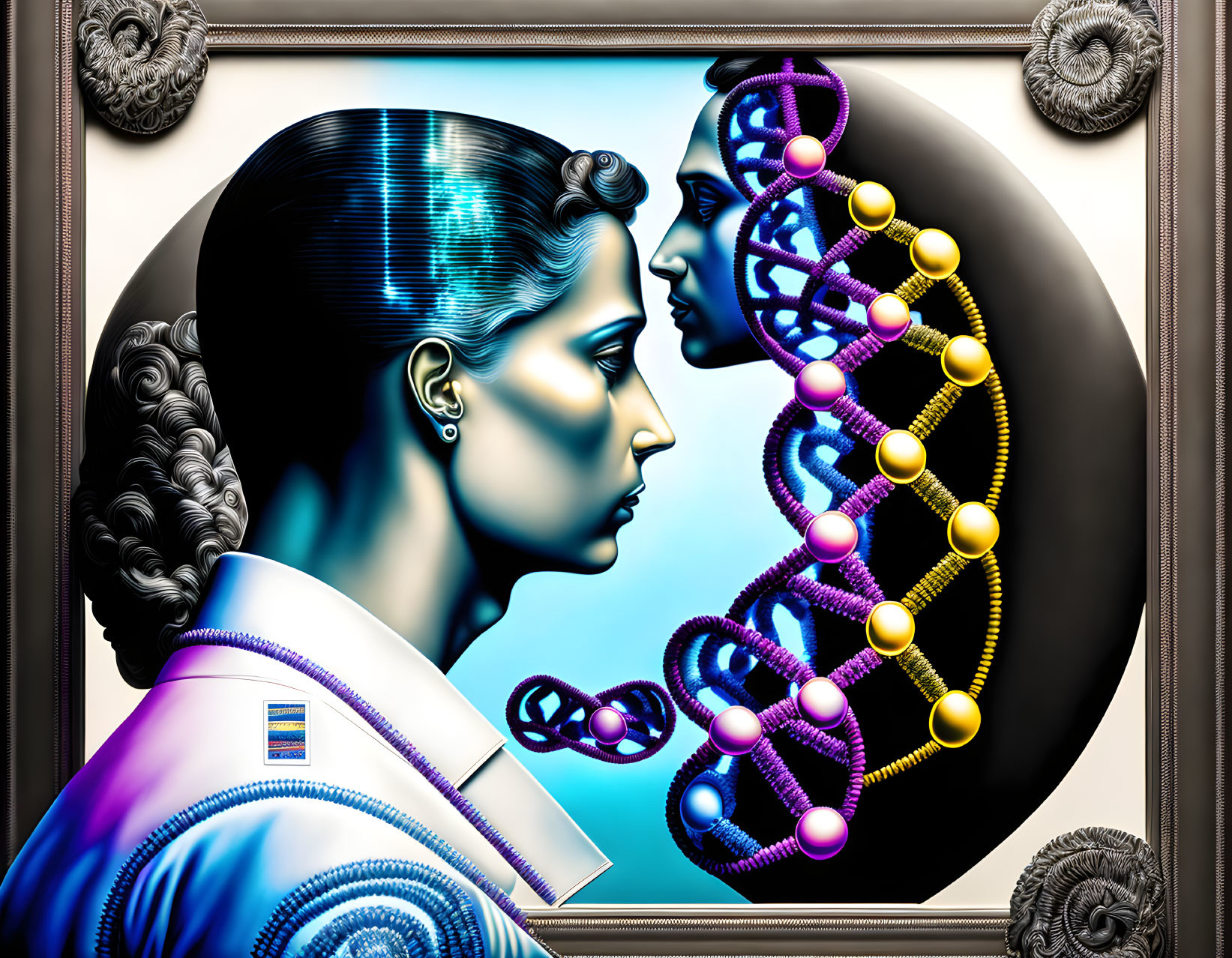 Woman facing mirrored image with transparent head and DNA helix in decorative frame