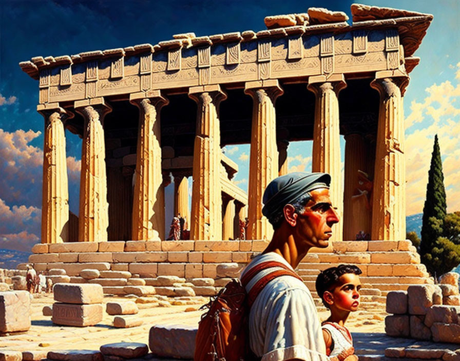 Ancient man with child admiring Parthenon under blue sky