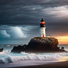 Dramatic dusk sky over rocky lighthouse by turbulent seas