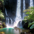 Tranquil waterfall in lush green setting