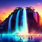 Tropical sunset scene with vibrant waterfall and swimmers