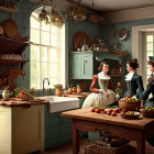 Vintage Attired Women Chat in Rustic Kitchen