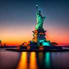 Iconic Statue of Liberty at sunset with NYC skyline silhouette.