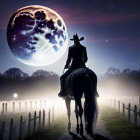 Cowboy on Horseback in Cemetery at Night with Moon and Spectral Rider