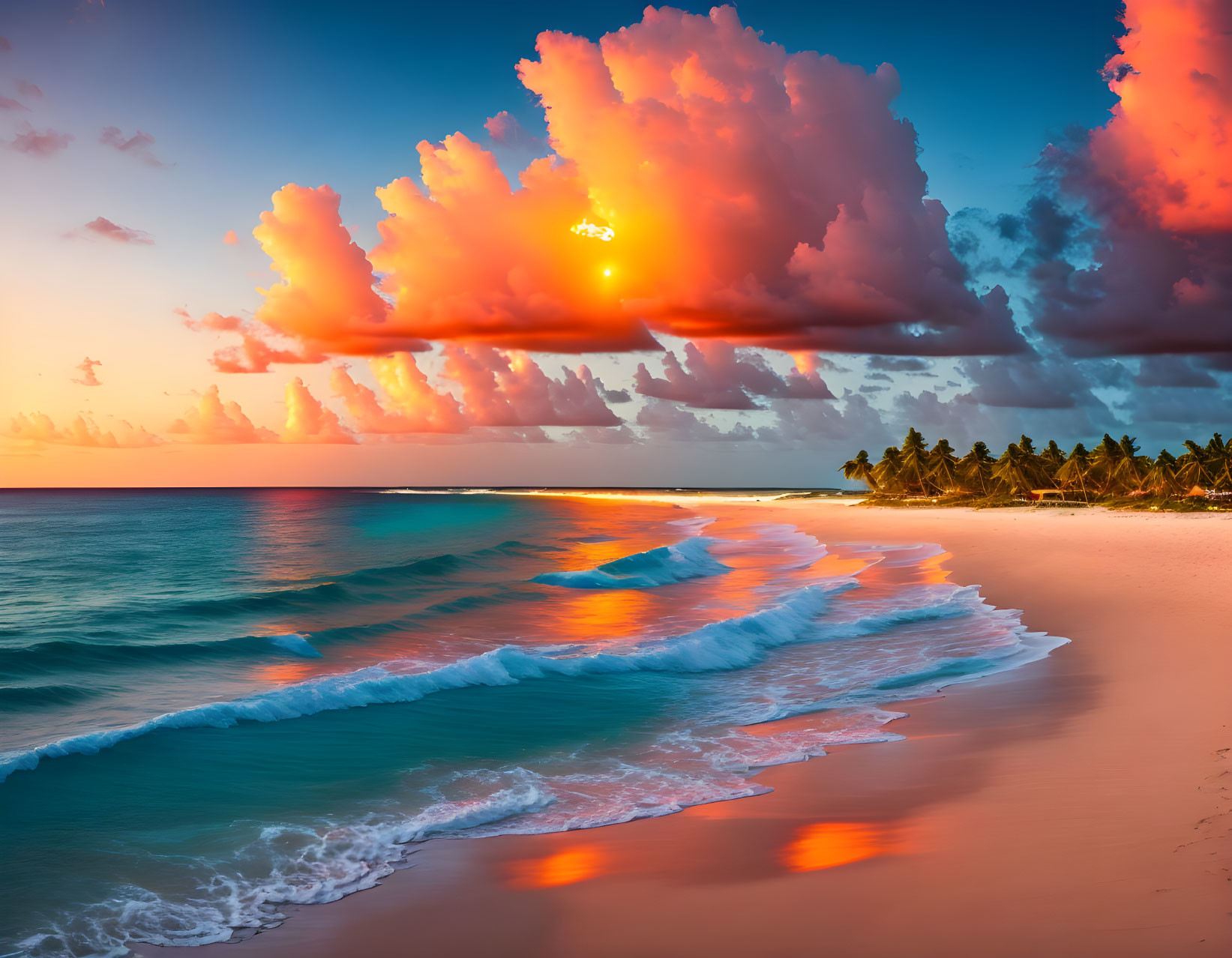 Vibrant orange sunset over serene beach