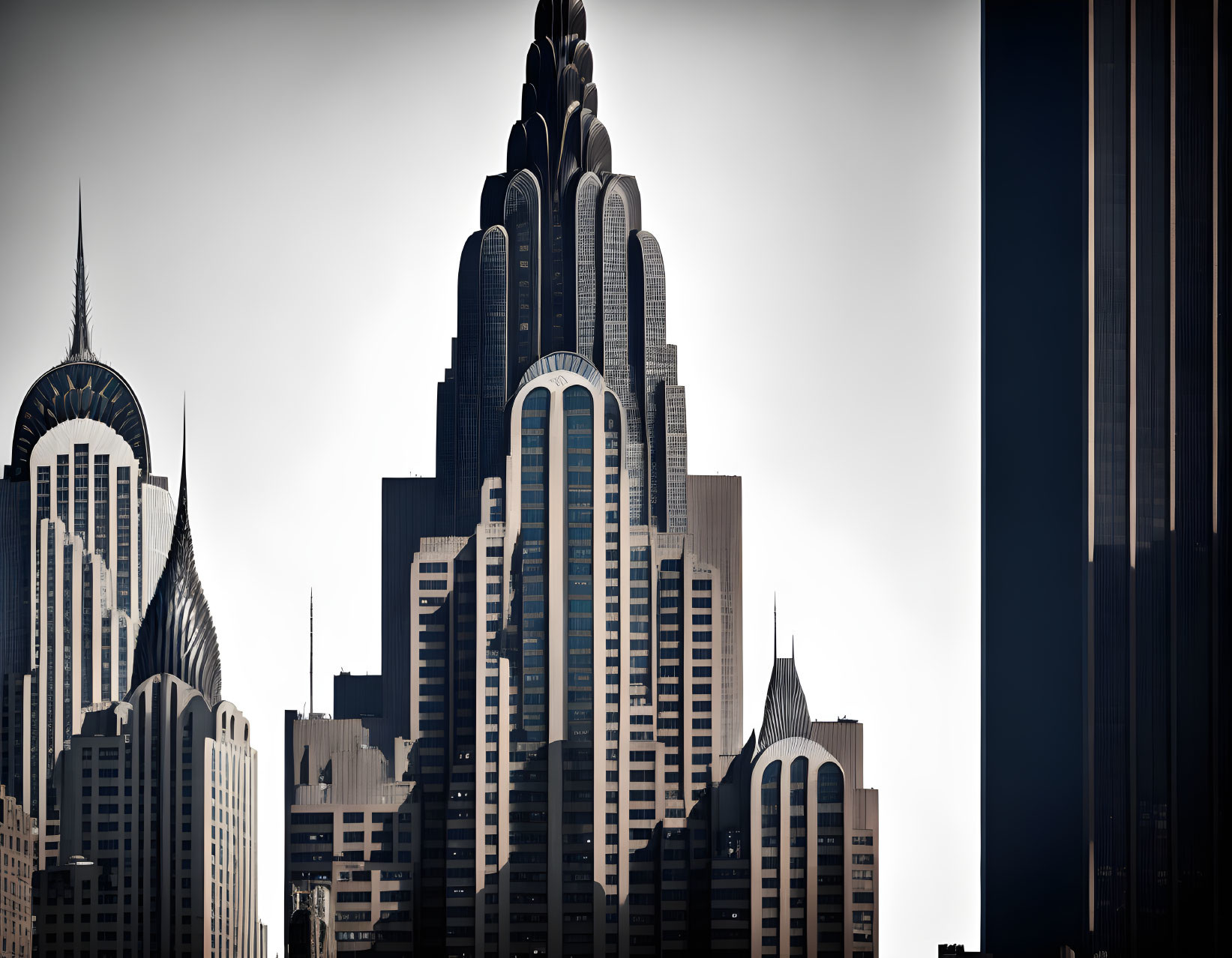 Iconic Art Deco skyscraper silhouettes against moody sky showcase architectural details.