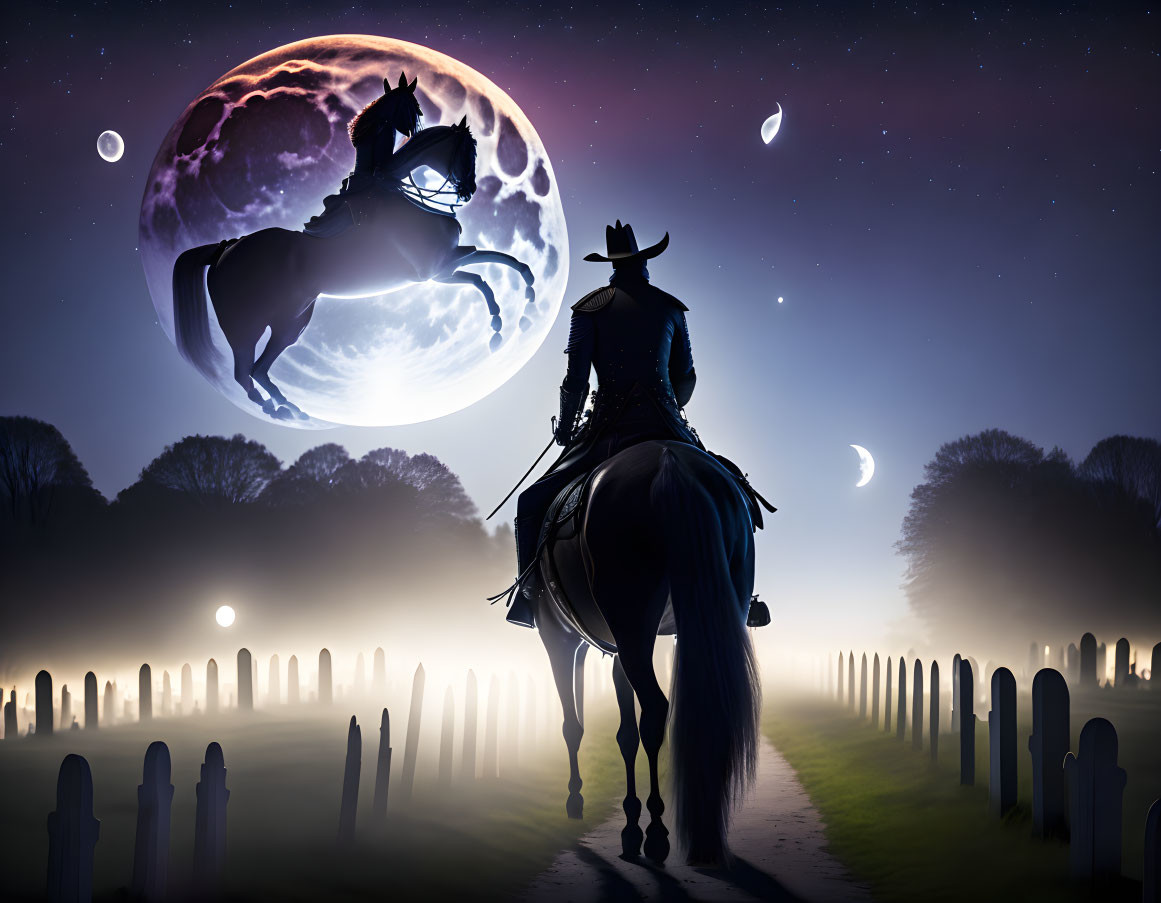 Cowboy on Horseback in Cemetery at Night with Moon and Spectral Rider