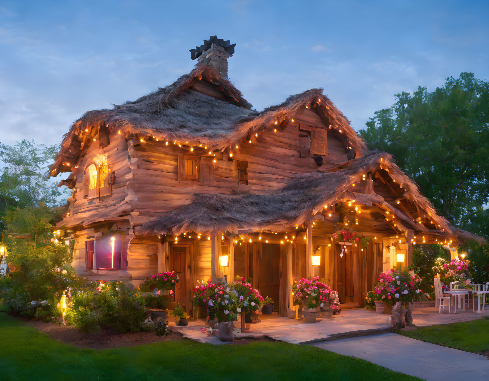 Charming wooden cottage with string lights in lush garden