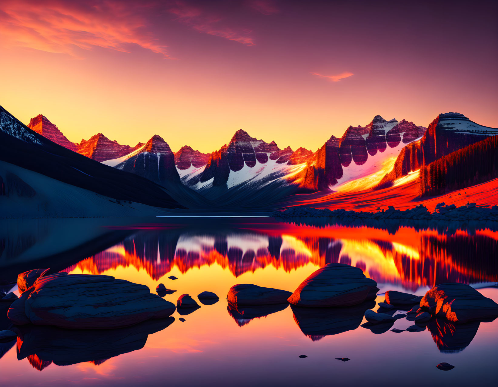 Scenic sunset over mountain range and lake with warm hues and cool shadows