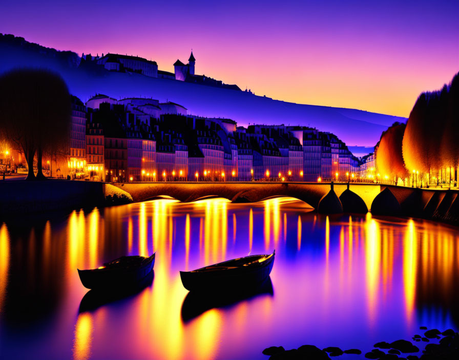 Twilight river scene with boats, city lights, bridge, and colorful sky