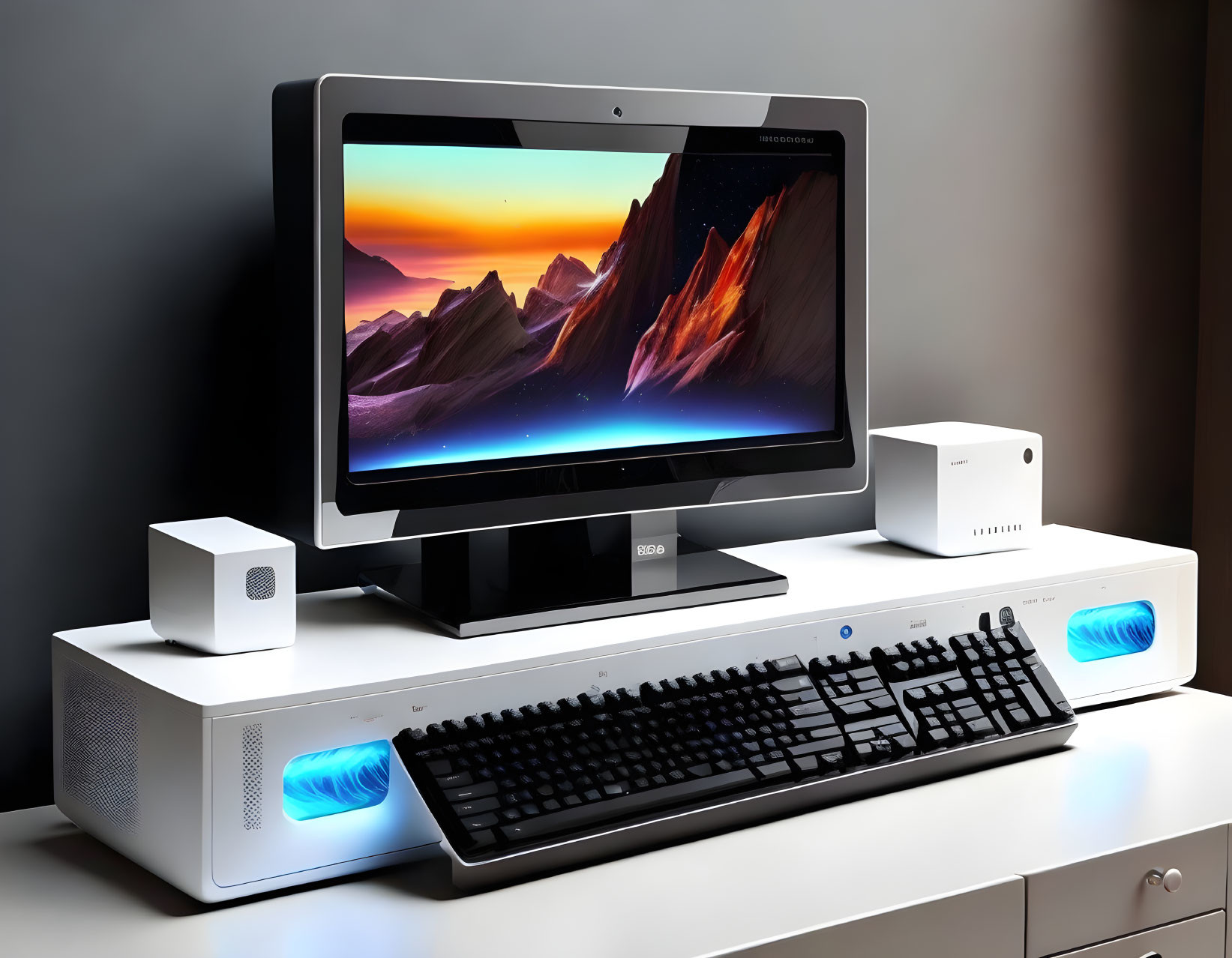 Sleek monitor, wireless keyboard, blue-lit speakers on clean desk