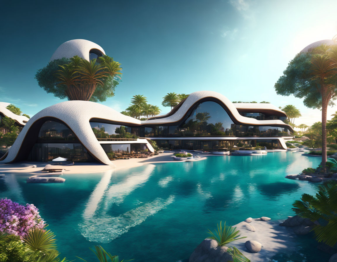 Modern Resort Design with Flowing Architecture near Palm Trees and Blue Lagoon at Dusk