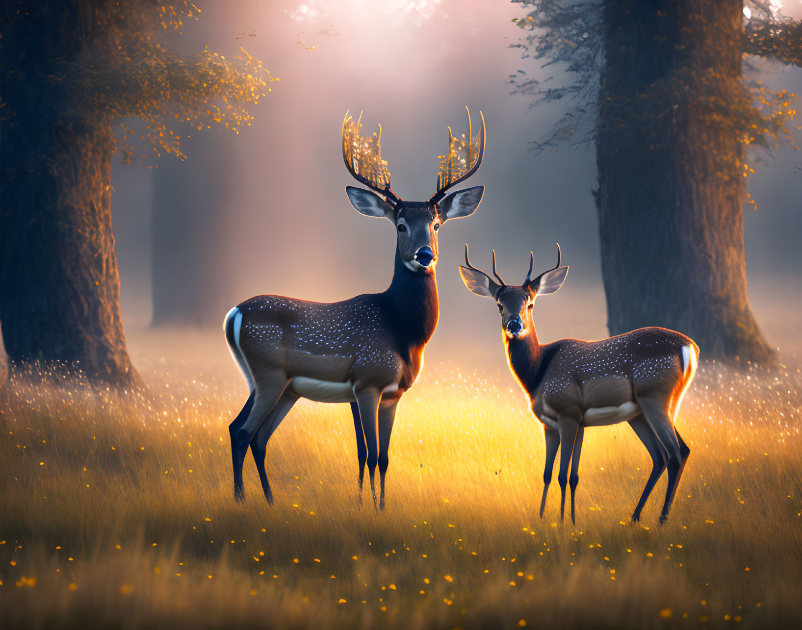 Majestic deer with glowing spots in enchanting forest glade