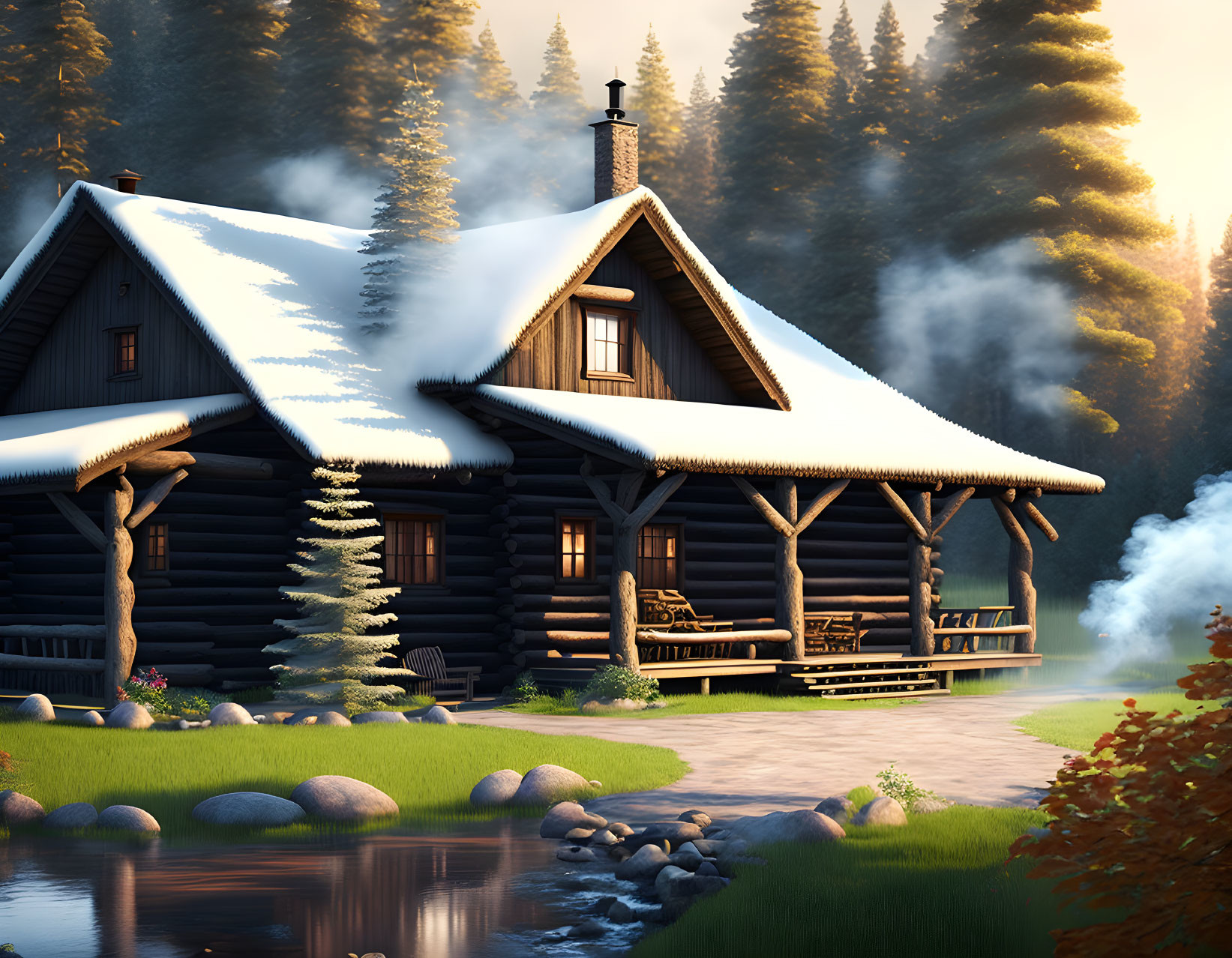 Snow-capped log cabin by tranquil river at dawn or dusk