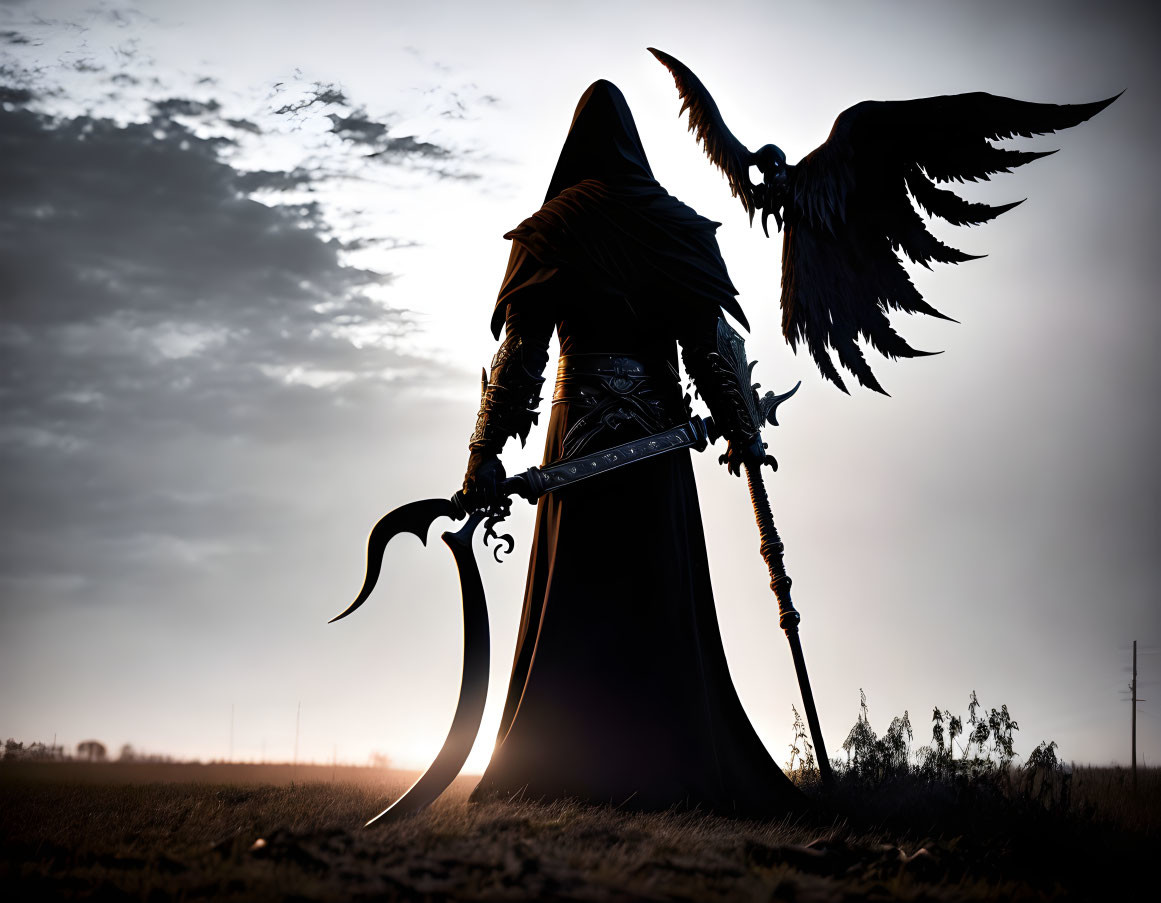 Cloaked figure with scythe and raven in dusky sky