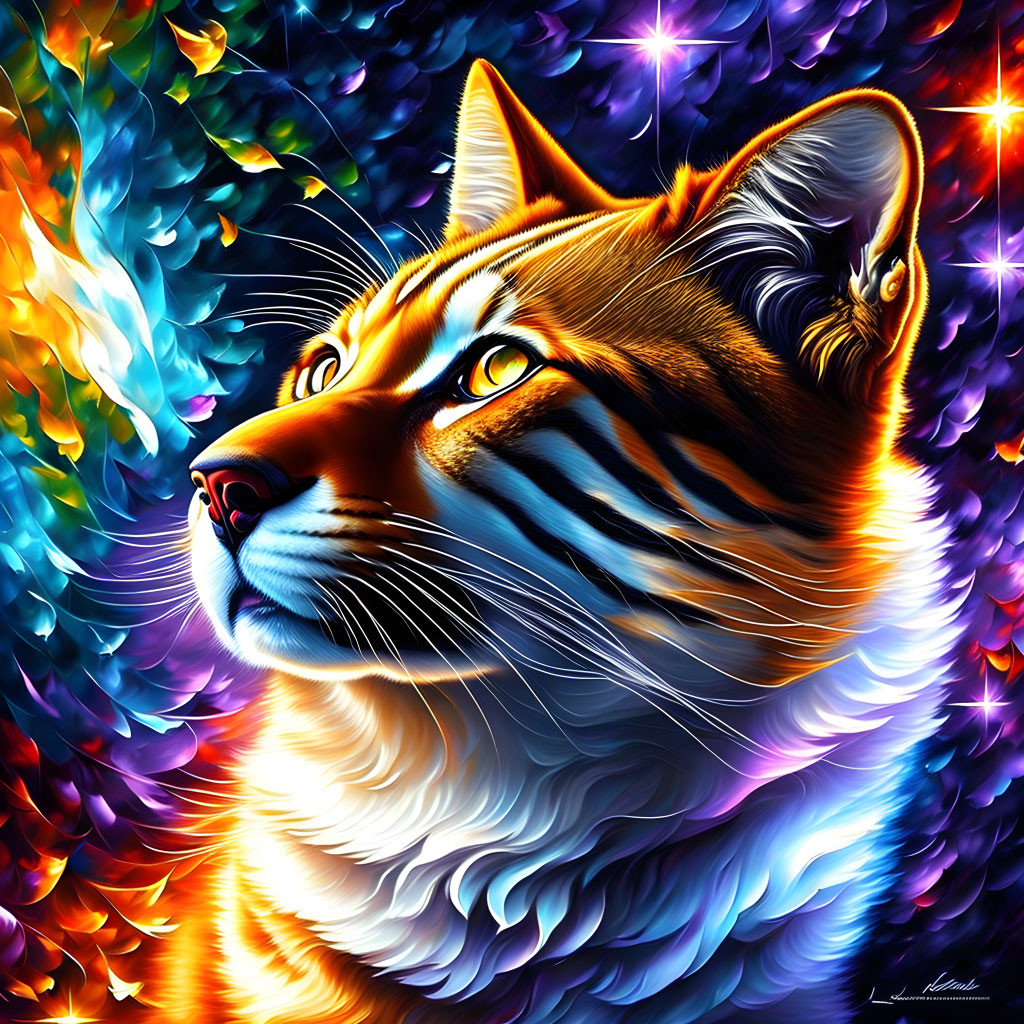 Colorful Cat Portrait with Fiery and Icy Background in Neon Art Style