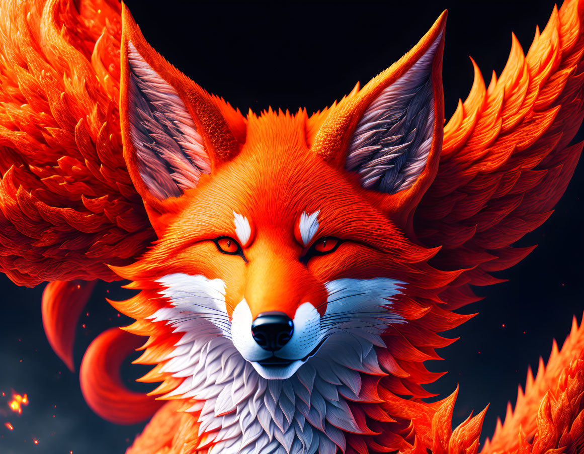 Stylized fox with fiery orange fur on dark background