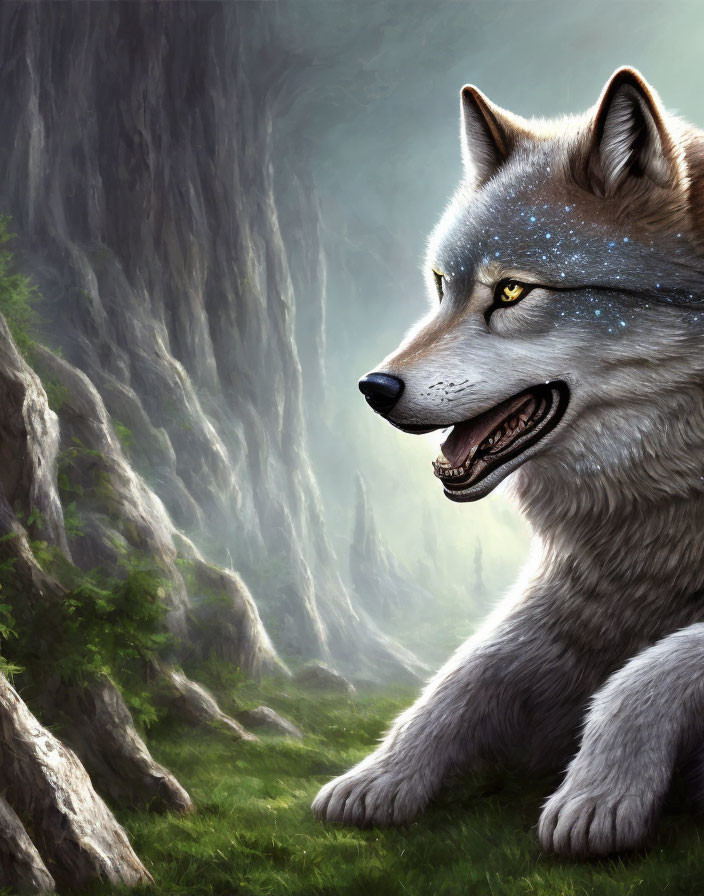 Majestic wolf with starry night sky fur in rocky terrain surrounded by lush greenery