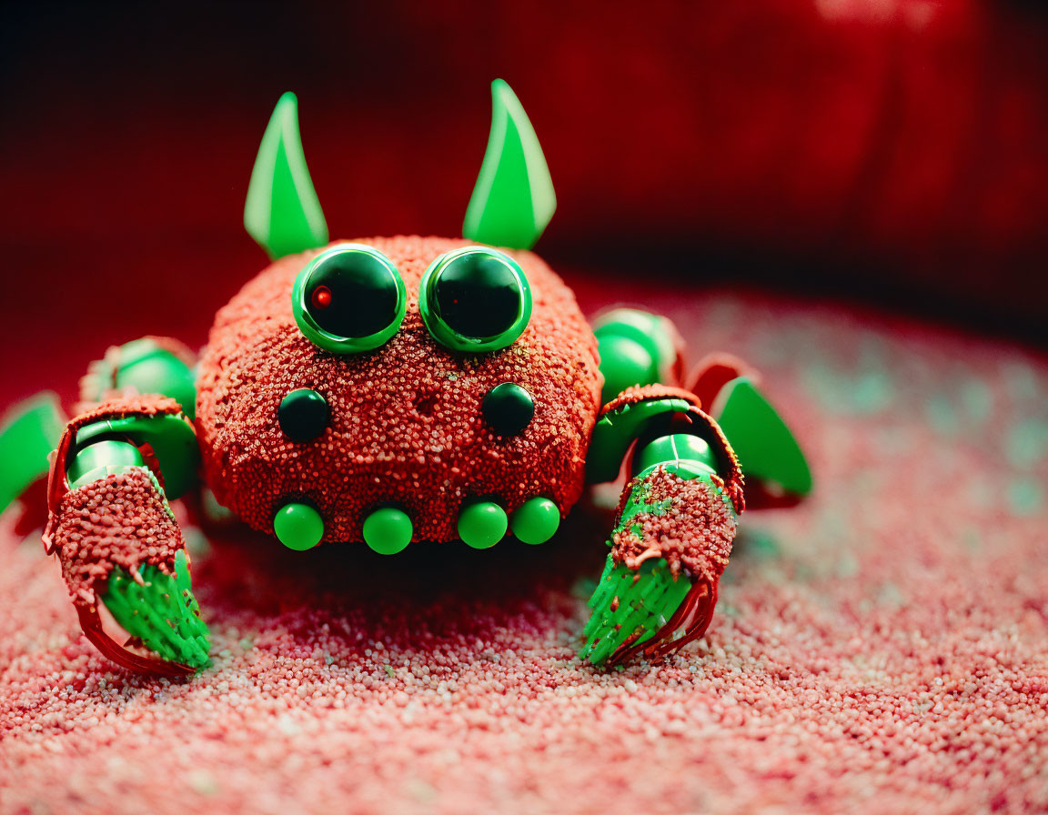 Red Toy Crab with Green Pincers and Large Eyes on Textured Surface