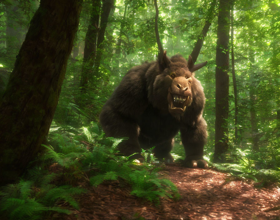 Large bear-boar creature with tusks in sunlit forest