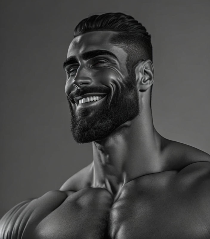 Muscular bearded man smiling in monochrome portrait