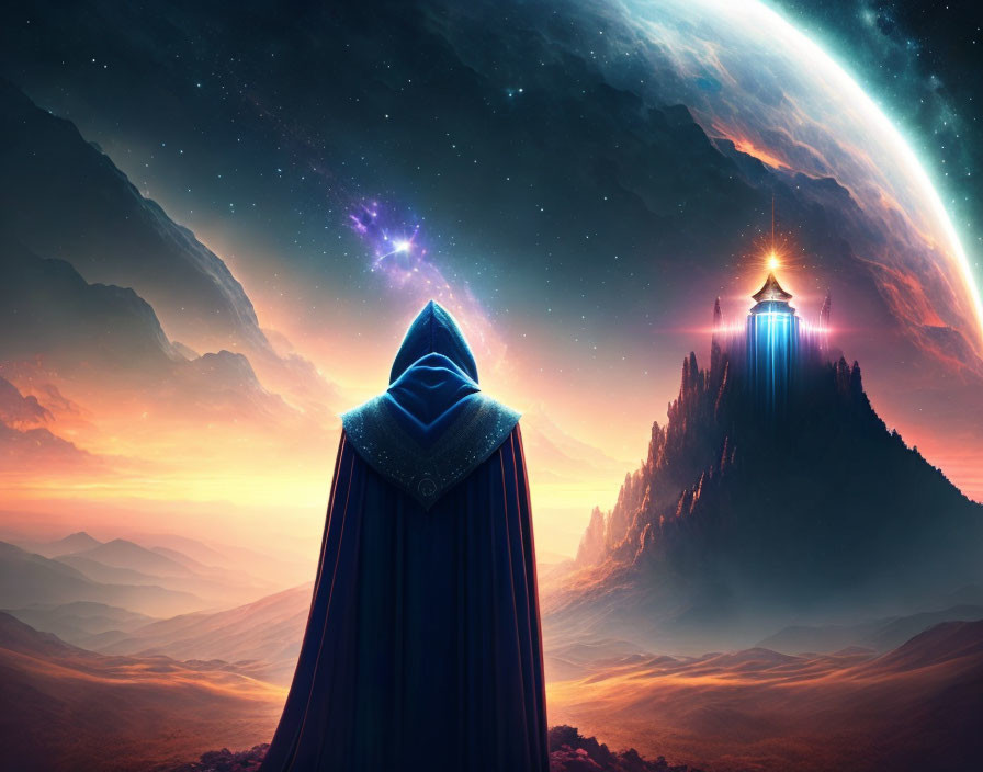 Cloaked Figure in Fantasy Landscape with Mountains and Citadel