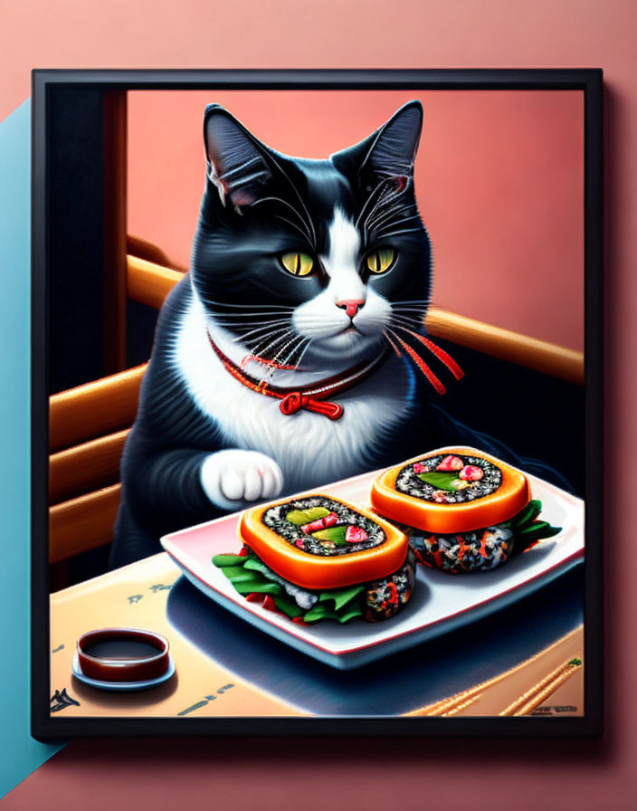 Realistic Black and White Cat with Red Collar and Sushi Plate