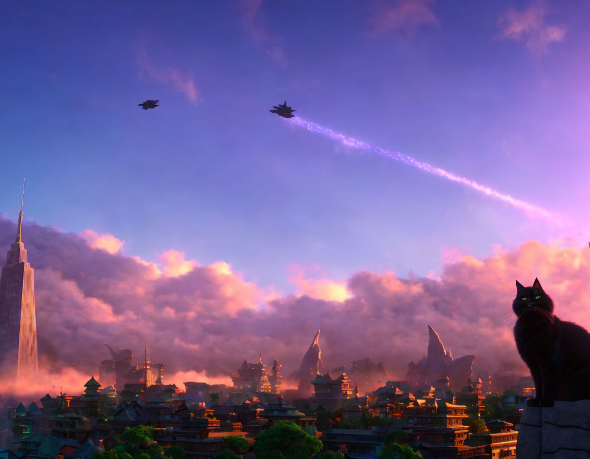 Black cat on ledge gazes at fantastical city at dusk with jets in colorful sky