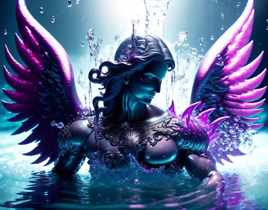 Digital artwork: Mystical female figure with pink wings in water under blue-purple light