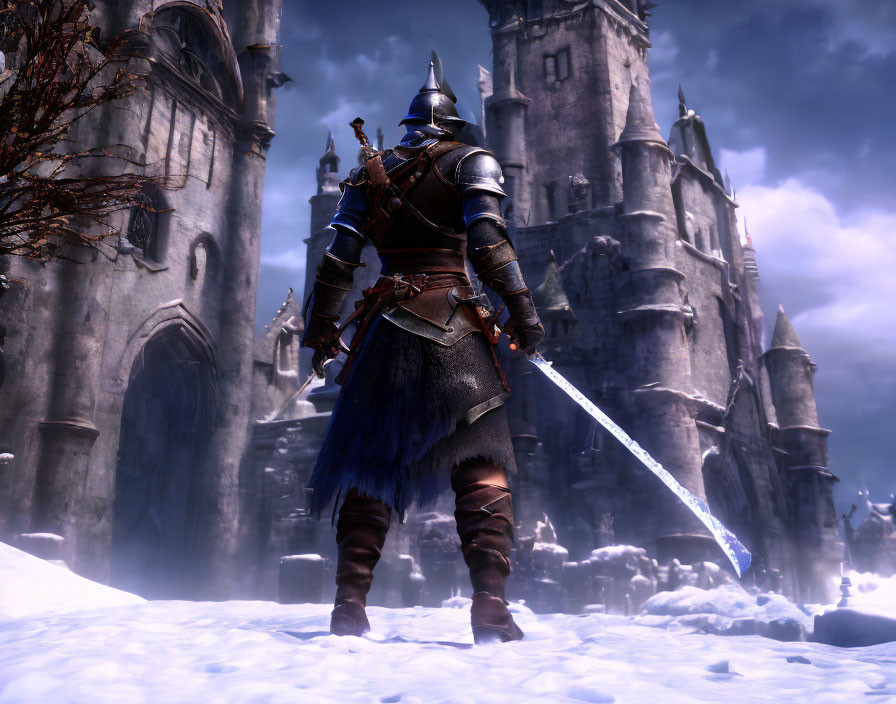 Knight in full armor with sword facing gothic castle in snowstorm