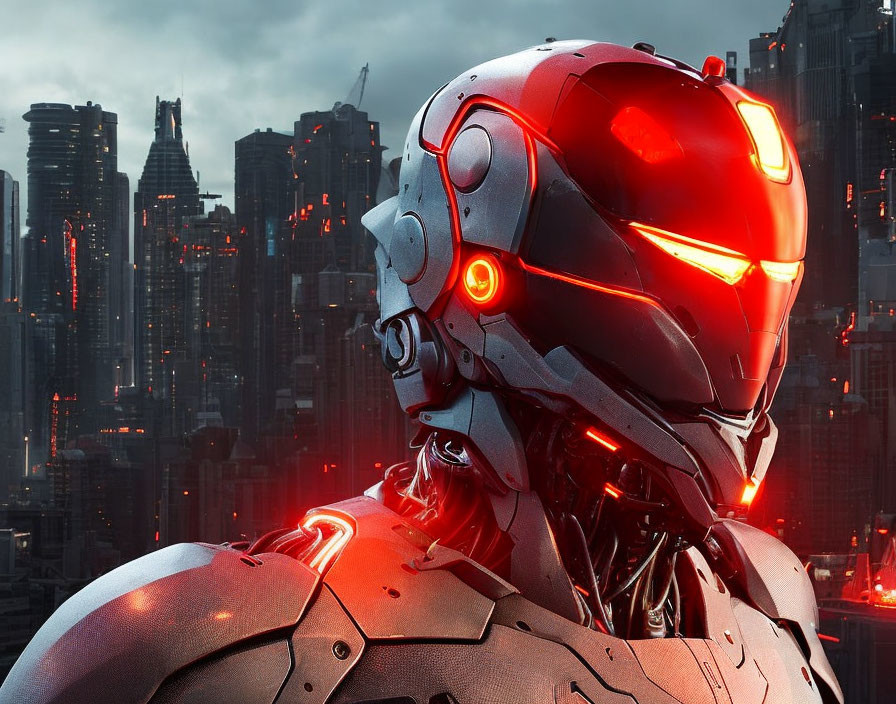 Close-up of red robotic head with glowing eyes against futuristic cityscape at dusk