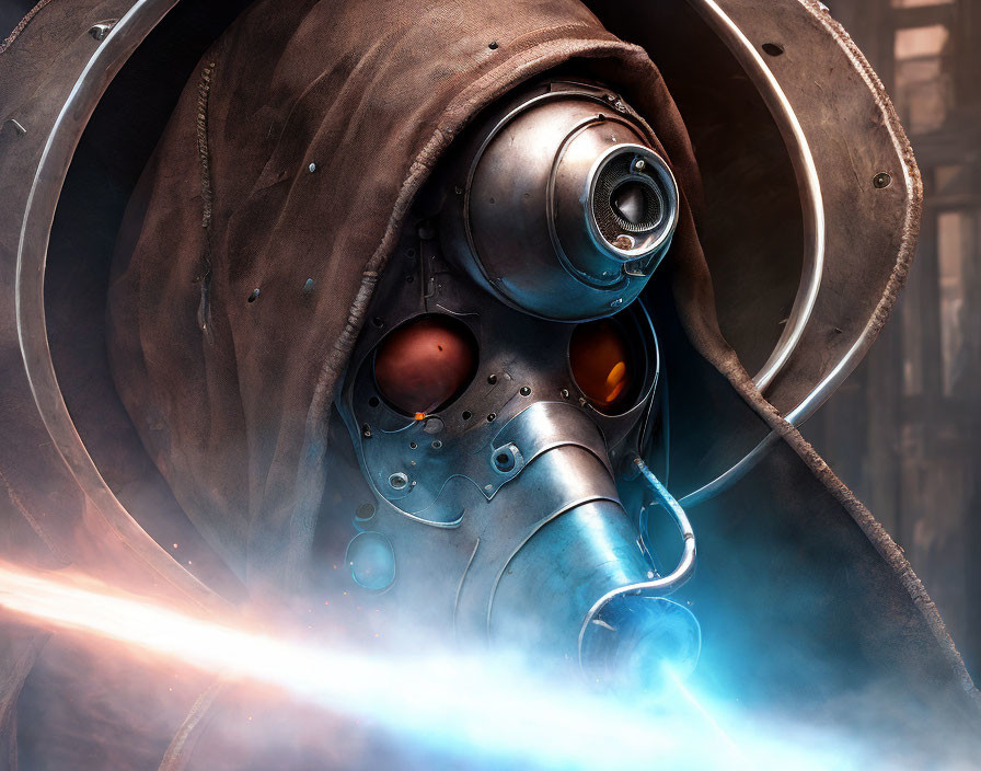 Futuristic gas mask hooded figure in industrial setting