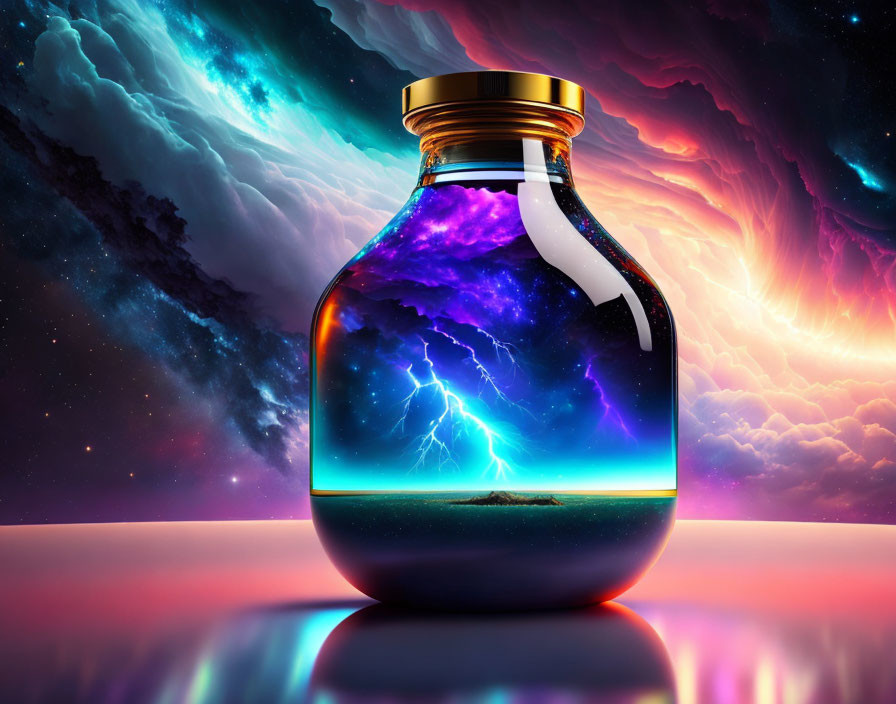 Colorful cosmic scene in glass jar with nebulae and lightning.