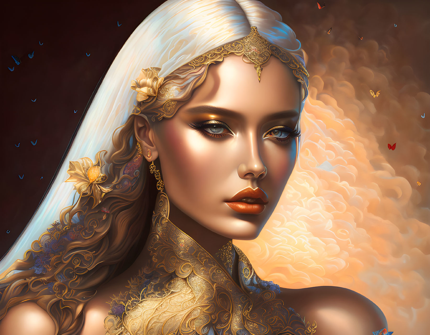 Woman with Golden Jewelry and Striking Gaze Against Dramatic Sky