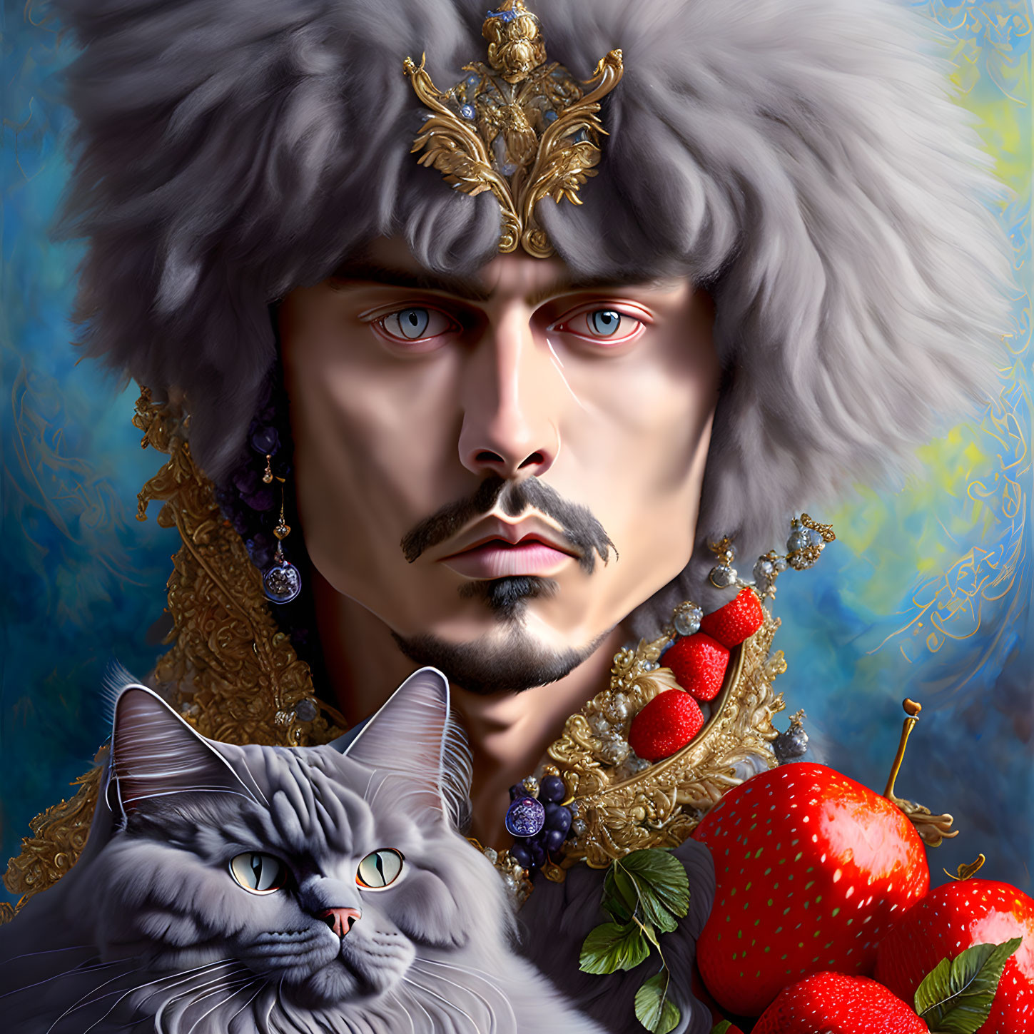 Regal digital artwork of man with intense eyes, fur hat, intricate garb, holding grey cat