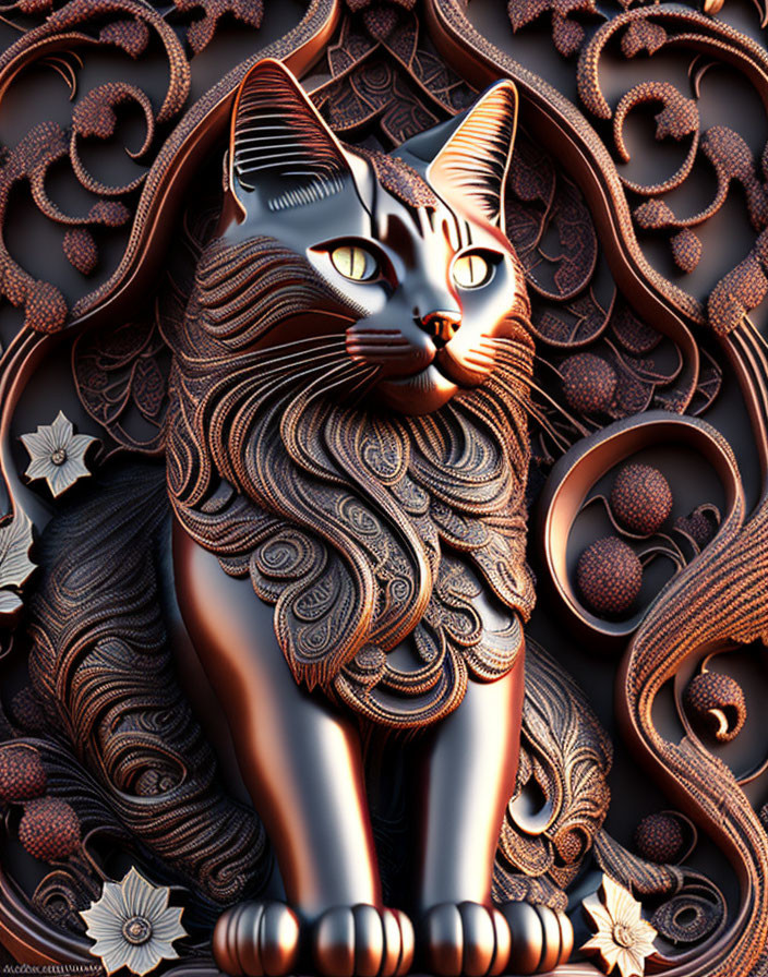 Stylized black cat digital artwork with intricate patterns and floral backdrop