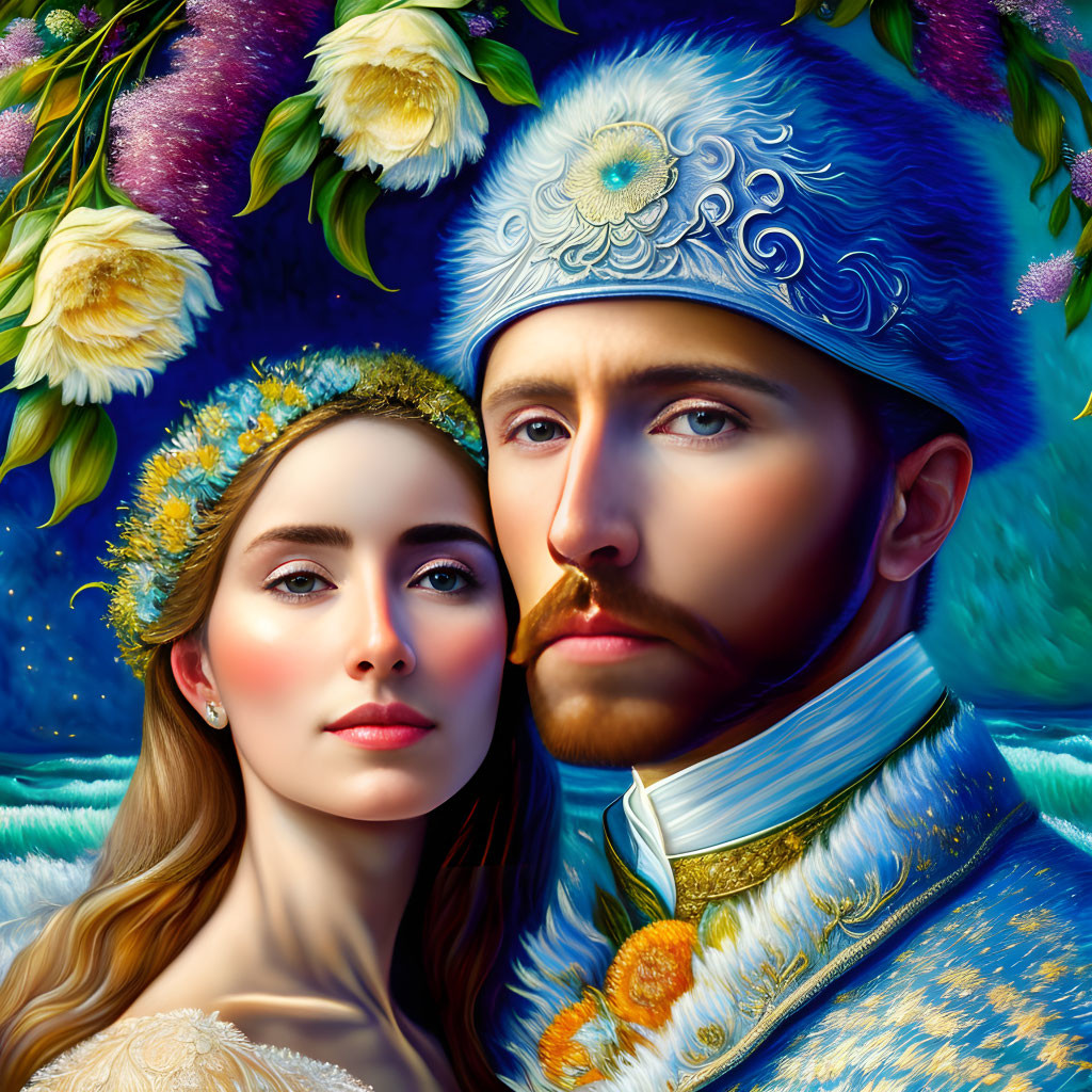 Detailed Hyper-Realistic Digital Illustration of Man and Woman in Ornate Historical Clothing