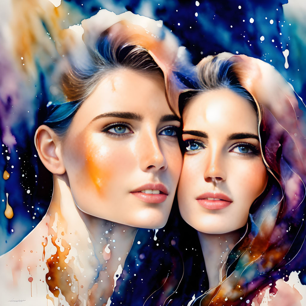 Vibrant cosmic watercolor merge of two women's faces in profile