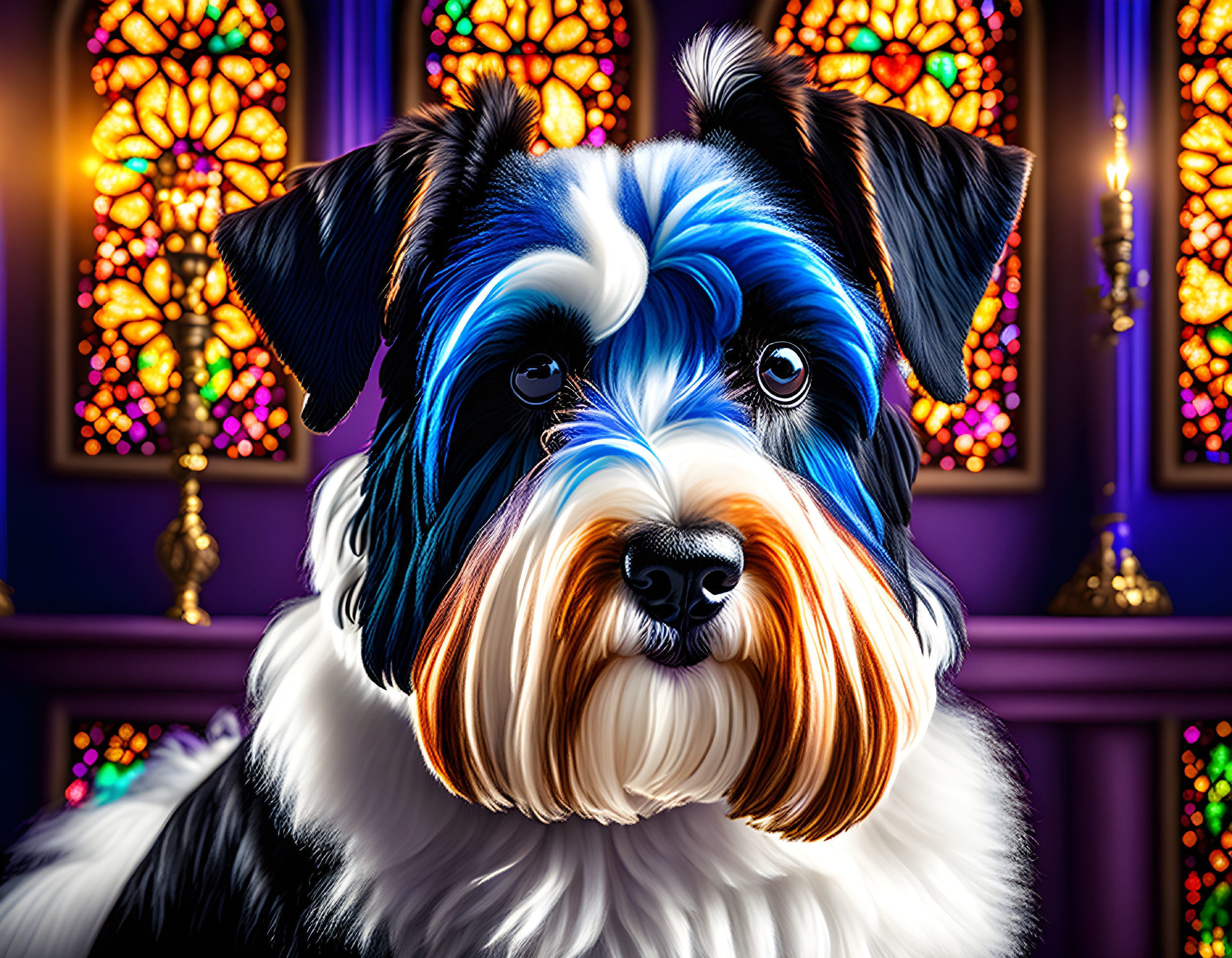 Vibrant Blue and Orange Dog Illustration on Stained Glass Background