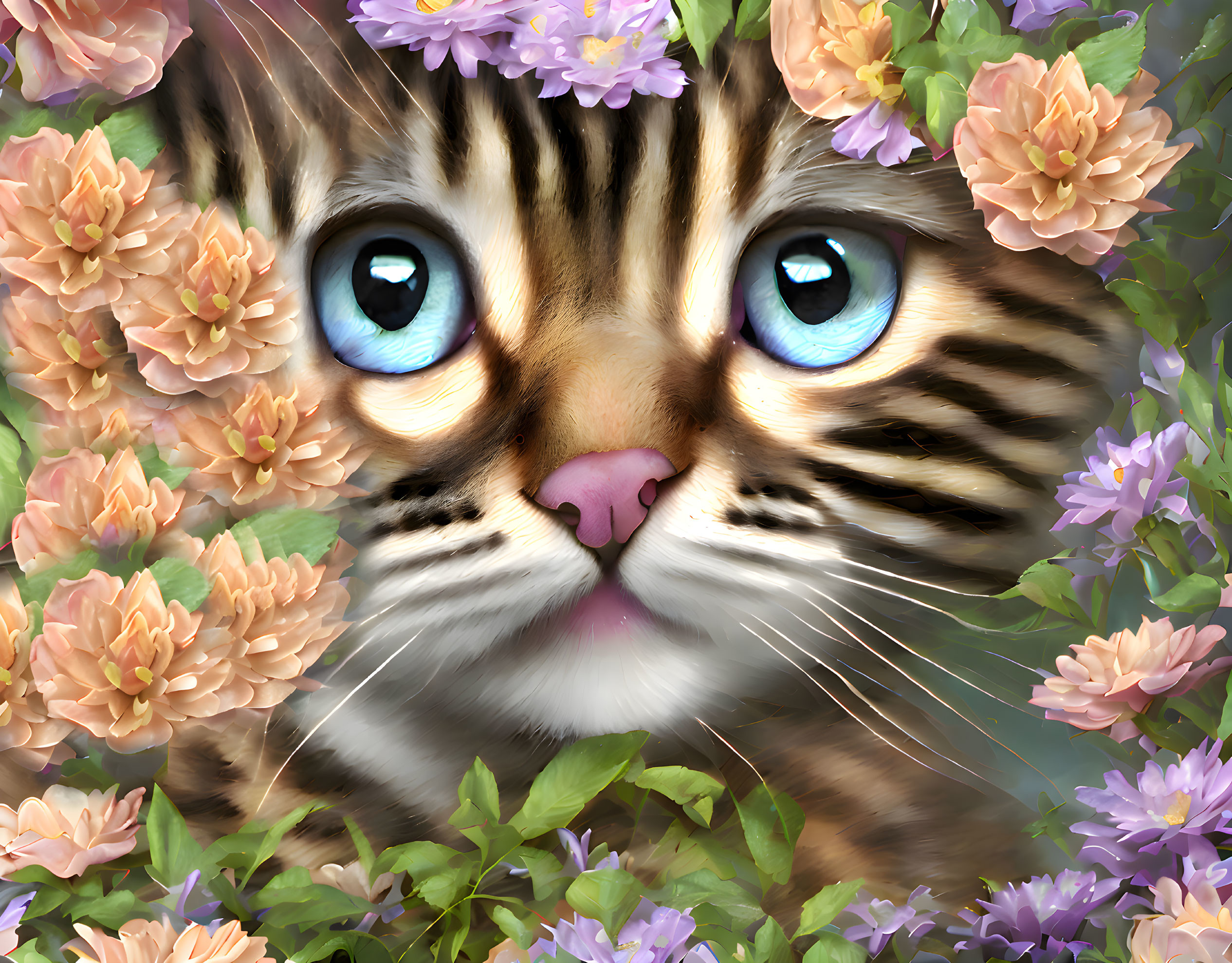 Detailed Illustration of Adorable Kitten with Striking Blue Eyes Among Pink and Purple Flowers