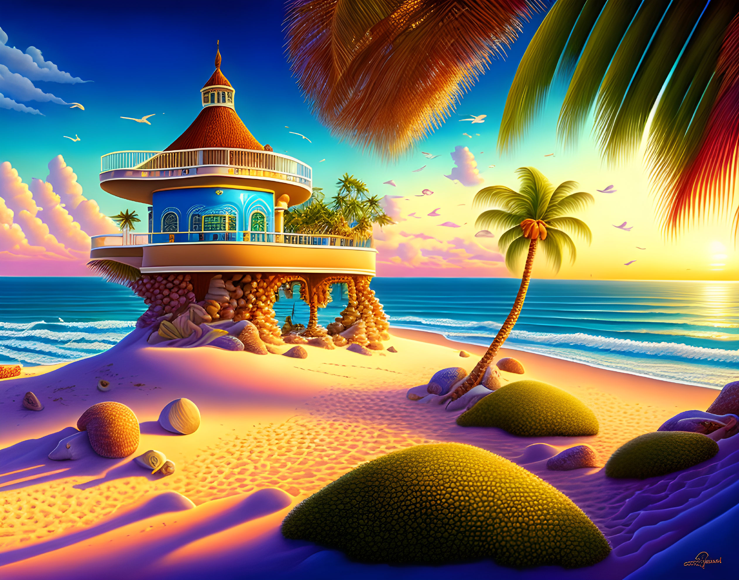 Scenic beach sunset with stilted house, palm trees, and sea shells