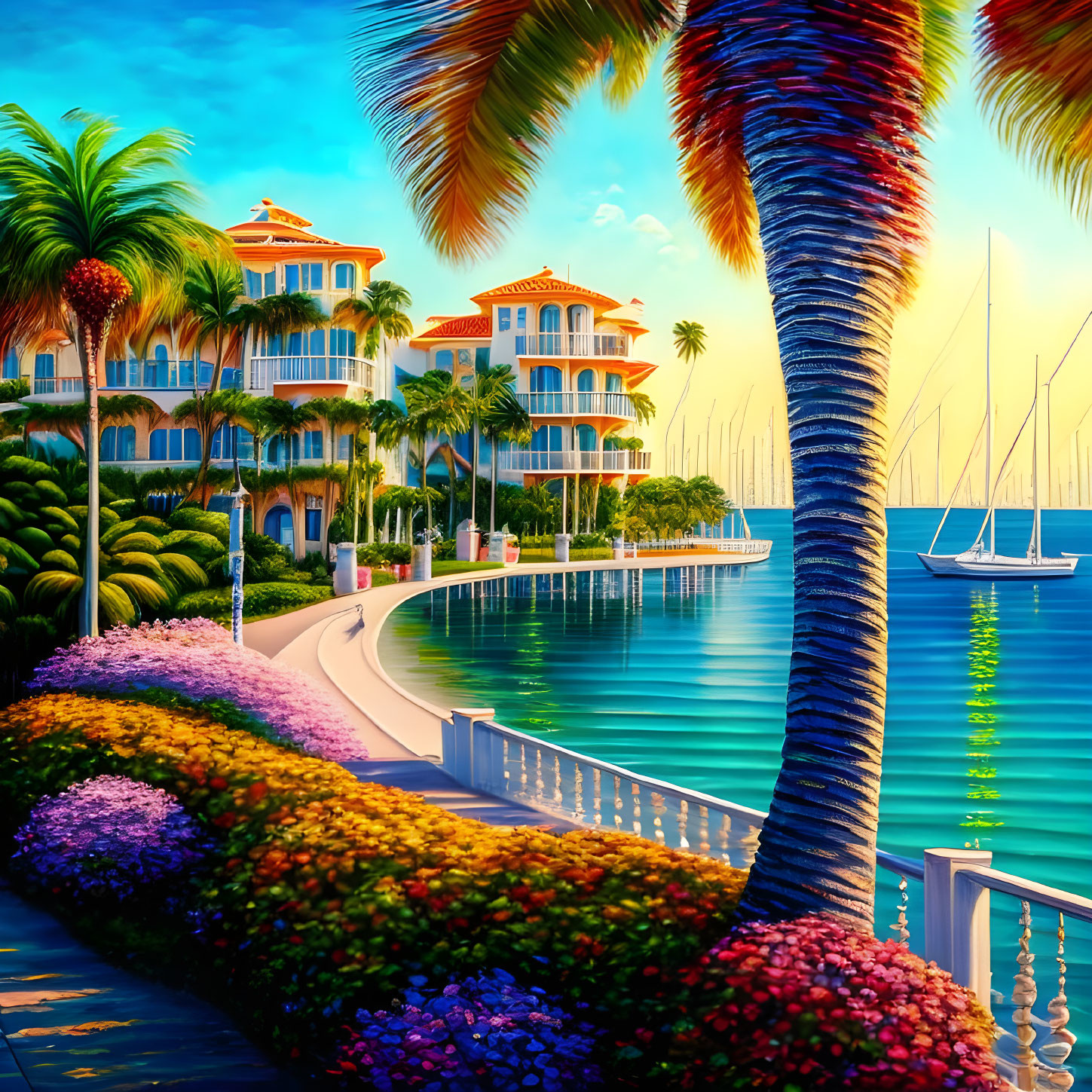 Tropical Waterfront Scene with Villas, Palm Trees, Flowers, and Sailboats